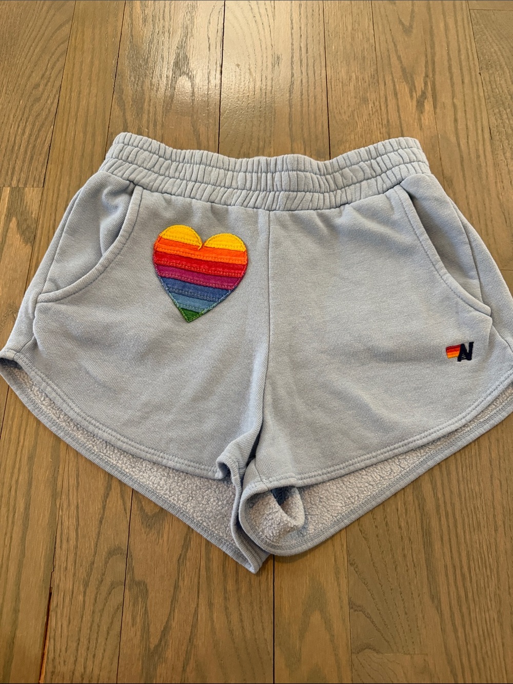 Aviator Nation Light Blue Rainbow Heart Running Shorts, size XS